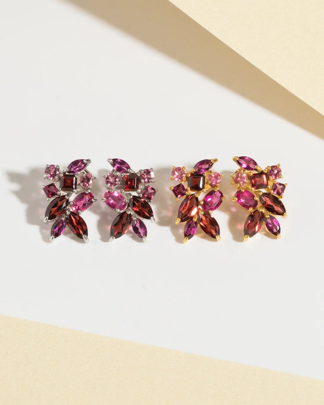 Large Red Gemstone Cluster Earrings | 18k Gold Vermeil | Garnet Rhodolite Pink Tourmaline Vianne Jewellery