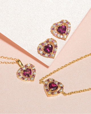 Red heart rhodolite garnet bracelet and matching earrings in 18k gold vermeil with pink rhodolites and simulated diamonds