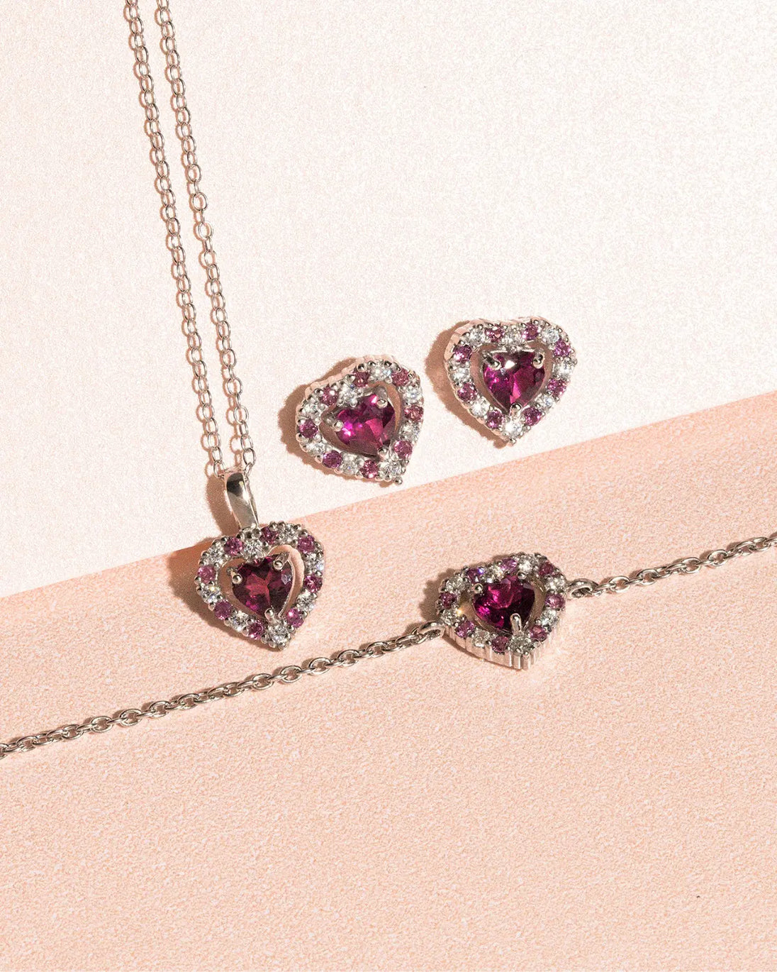 Red Heart Rhodolite Garnet sterling silver jewelry set with heart-shaped garnet and simulated diamonds