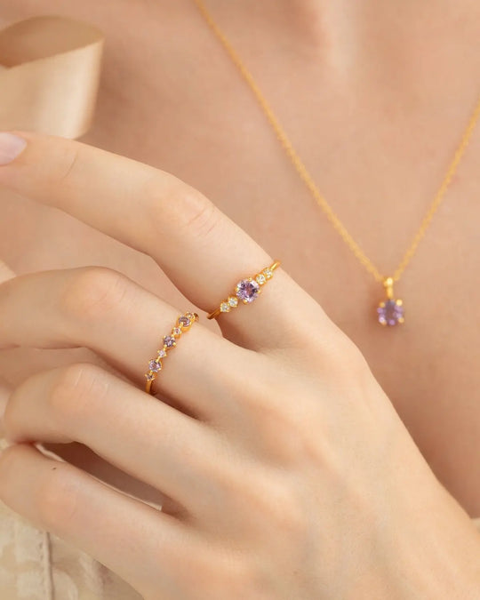 Lavender amethyst 18k gold vermeil necklace and rings jewelry set for everyday wear