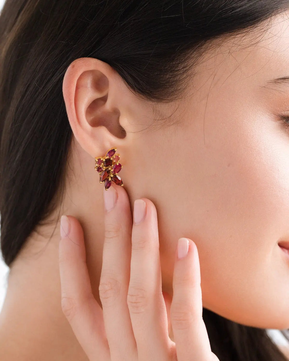Large Red Gemstone Cluster Earrings | 18k Gold Vermeil | Garnet Rhodolite Pink Tourmaline Vianne Jewellery
