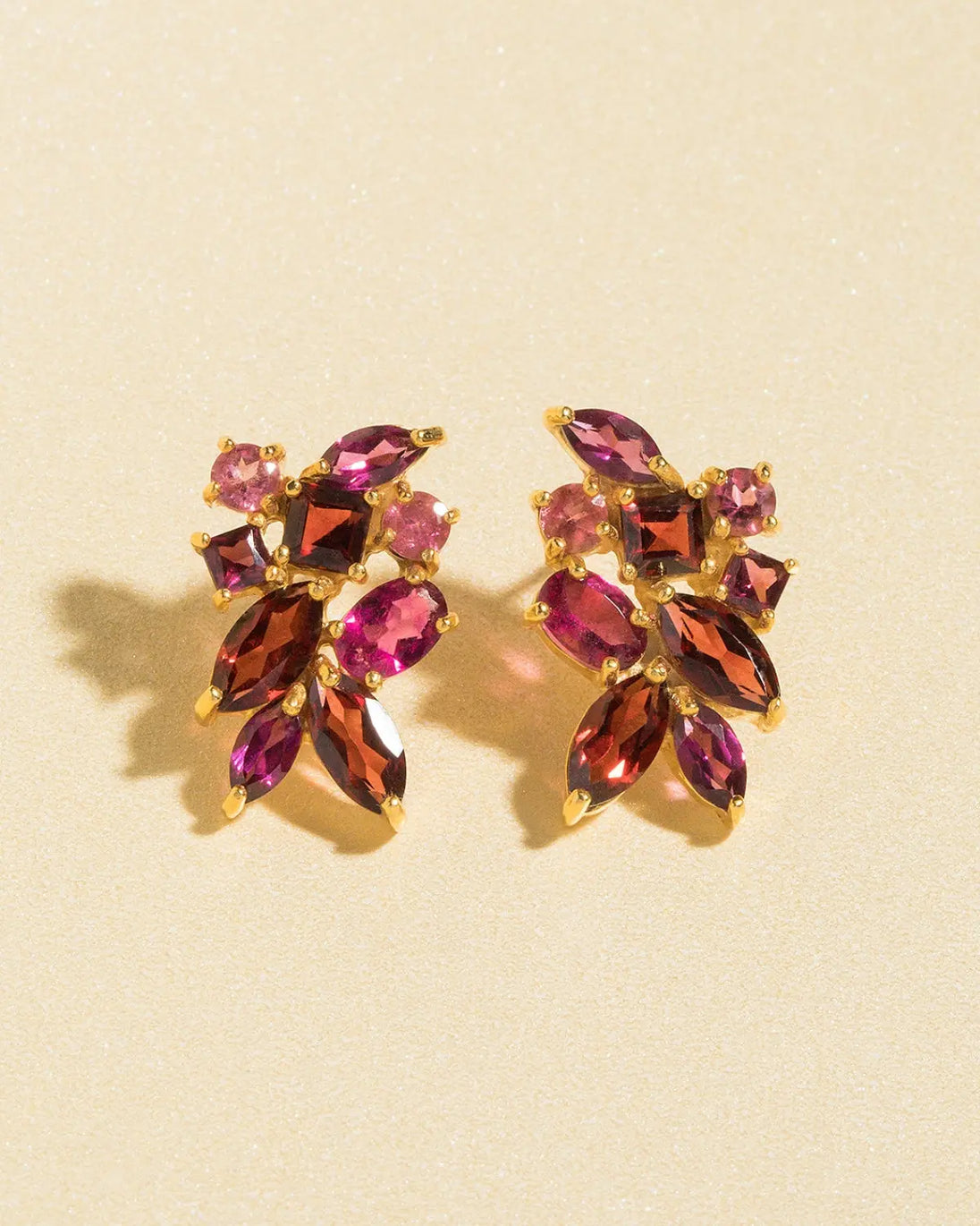 Large Red Gemstone Cluster Earrings | 18k Gold Vermeil | Garnet Rhodolite Pink Tourmaline Vianne Jewellery