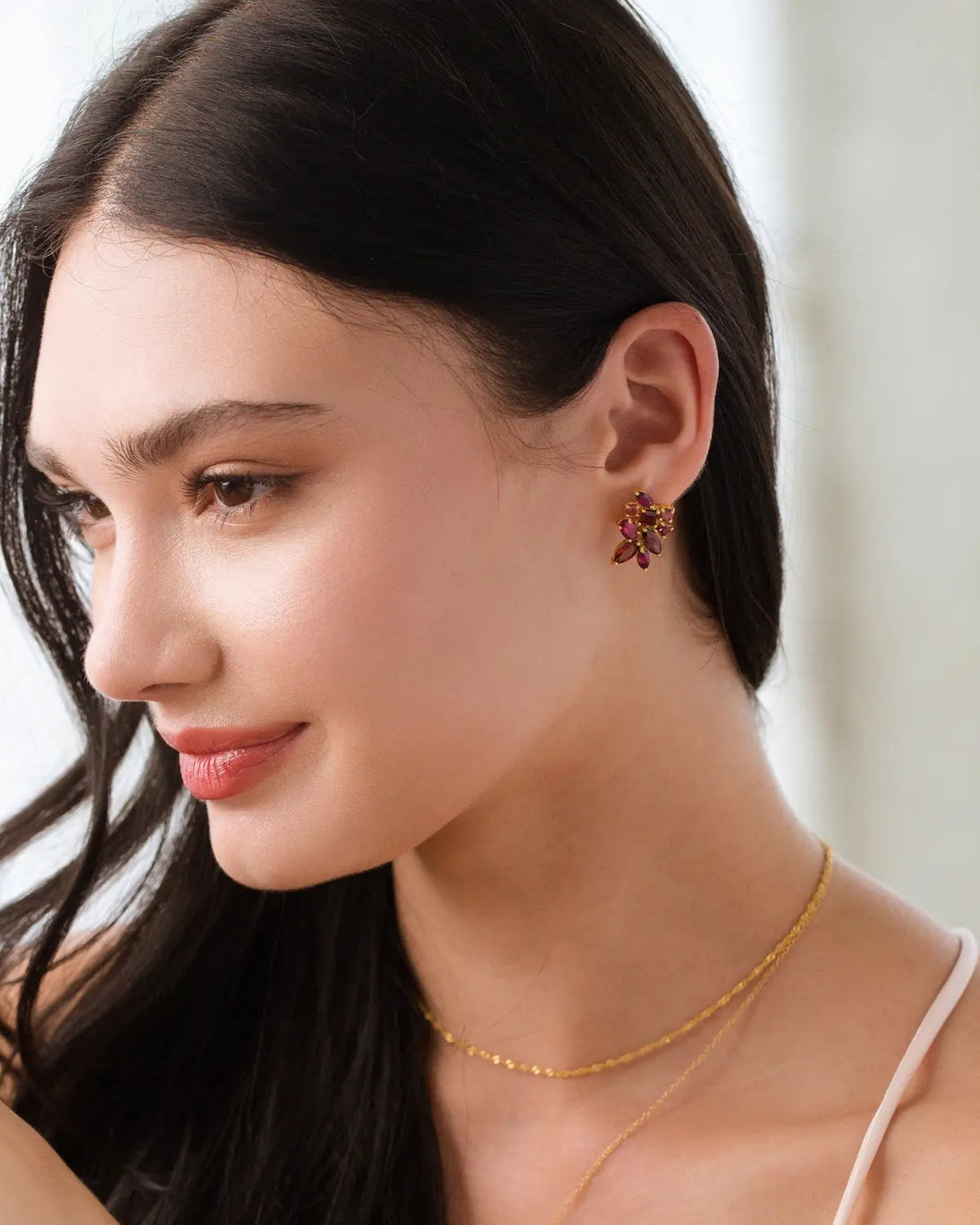 Large Red Gemstone Cluster Earrings | 18k Gold Vermeil | Garnet Rhodolite Pink Tourmaline Vianne Jewellery