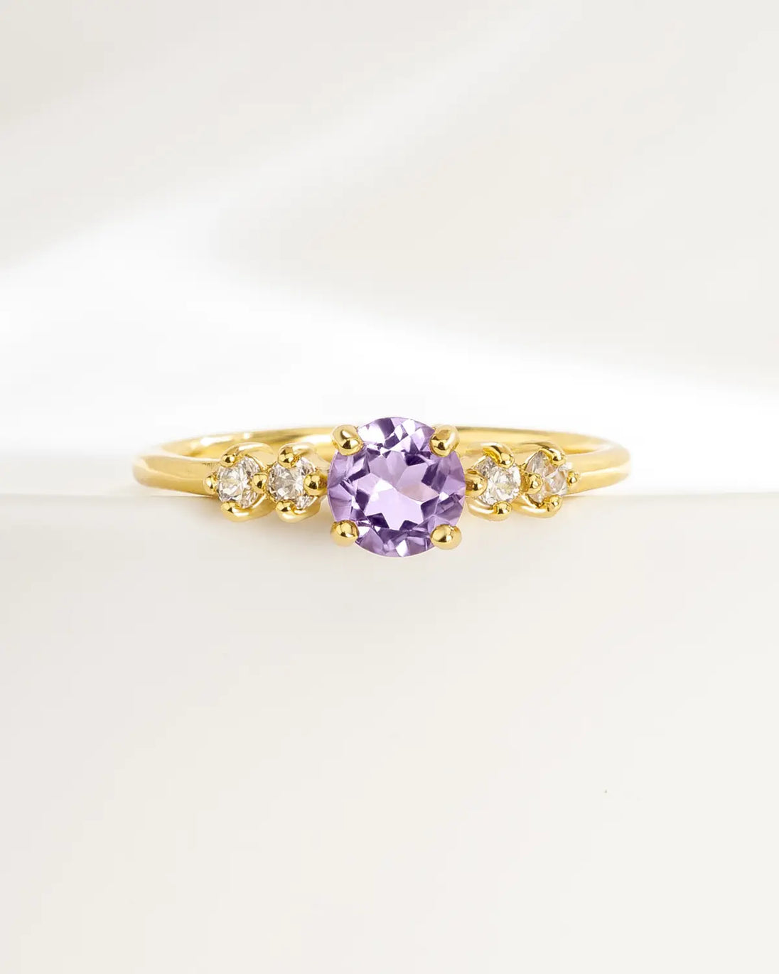 Lavender Amethyst Five Stone Ring in 18k gold vermeil with natural lavender amethyst and simulated diamonds