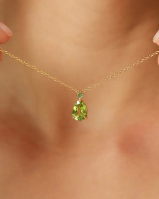 Emerald & Peridot Pear Cut pendant necklace in 18k gold vermeil on neck