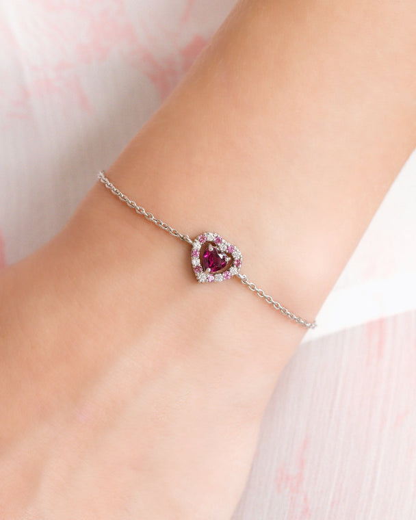Red Heart Rhodolite Garnet bracelet in sterling silver with heart-shaped red garnet and simulated diamonds