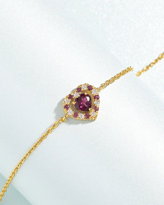 Red heart rhodolite garnet bracelet in 18k gold vermeil with pink rhodolites and simulated diamonds