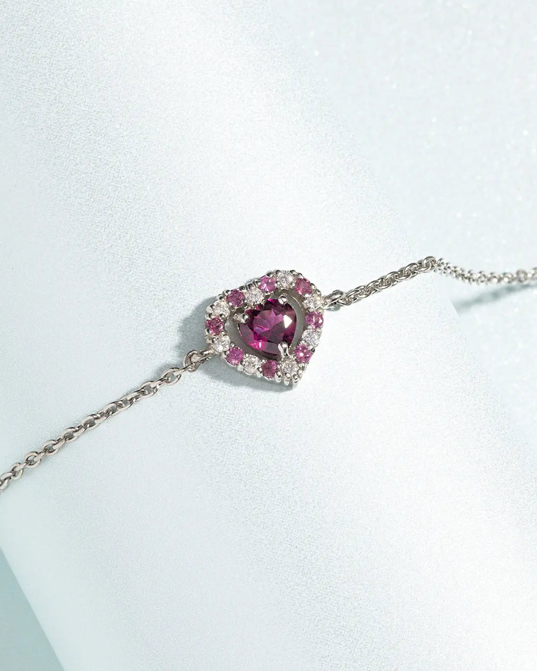 Red heart rhodolite garnet bracelet with sterling silver chain and simulated diamonds