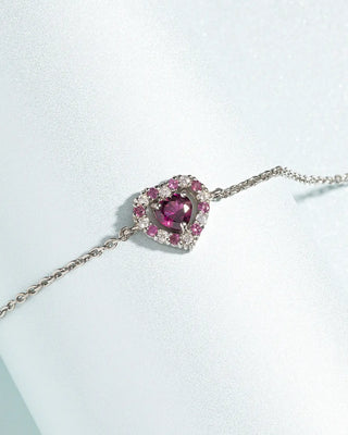 Red heart rhodolite garnet bracelet with sterling silver chain and simulated diamonds