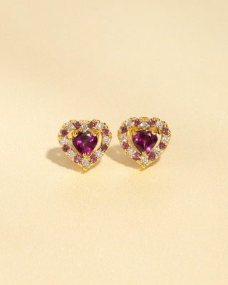 Red heart rhodolite garnet stud earrings with simulated diamonds in 18k gold vermeil