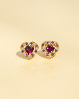 Red heart rhodolite garnet stud earrings in 18k gold vermeil with simulated diamonds