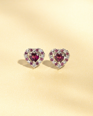 Red heart rhodolite garnet stud earrings in sterling silver with simulated diamonds