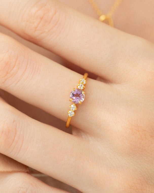 Lavender Amethyst Five Stone Ring in 18k gold vermeil with natural lavender amethyst and simulated diamonds on hand.