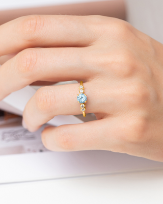Handcrafted 18k gold vermeil ring with round cut sky blue topaz and simulated diamonds, blue topaz jewelry