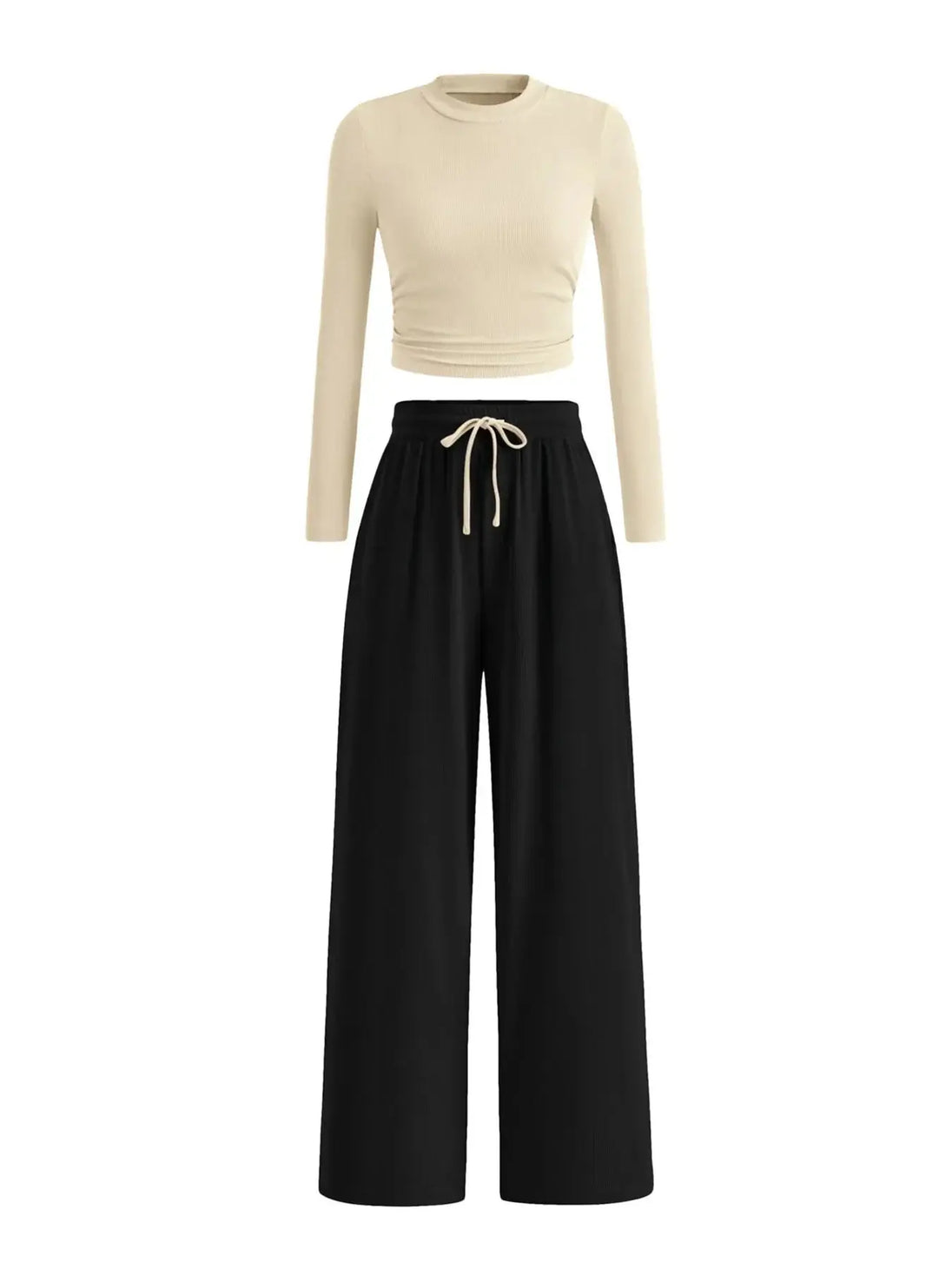 Beige round neck long sleeve top paired with black drawstring pants set for comfortable casual wear