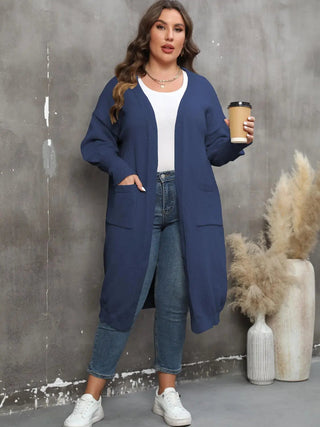 Plus size long sleeve pocketed navy cardigan with open front and ribbed design