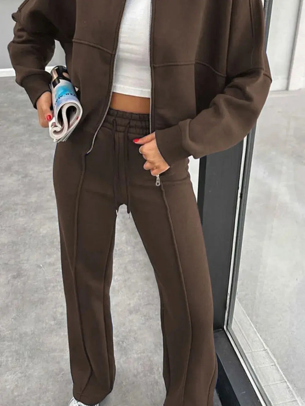 Brown baseball collar zip up outerwear and drawstring pants set with slight stretch and fuzzy lining