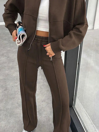 Brown baseball collar zip up outerwear and drawstring pants set with slight stretch and fuzzy lining