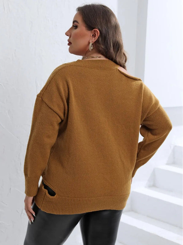 Plus size cutout V-neck sweater in brown with long sleeves and solid pattern back view