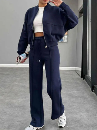 Navy Baseball Collar Zip Up Outerwear with Drawstring Pants Set for Women