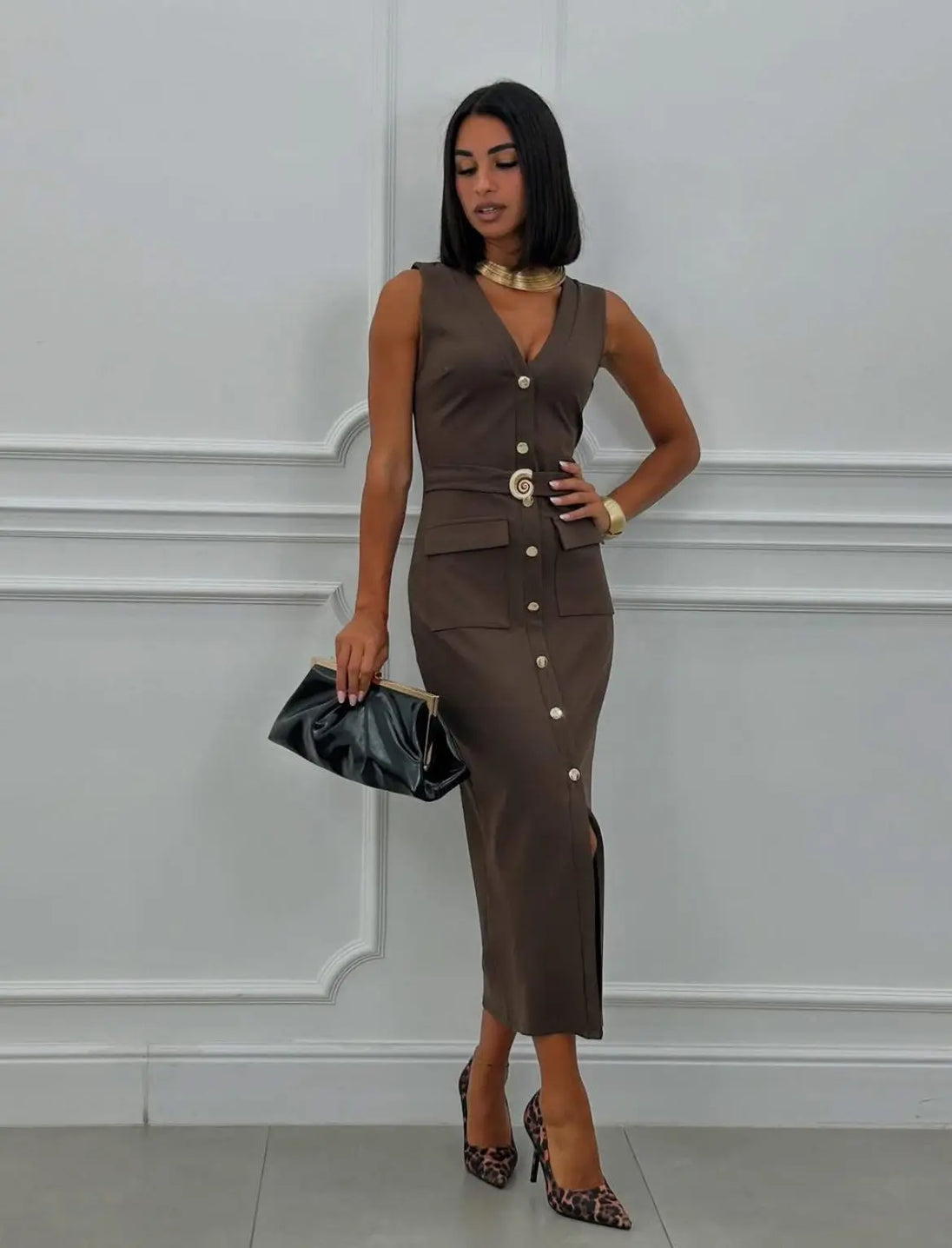 Black Bodycon Belted Midi Pencil Dress With Gold Buttons The FEO Collection
