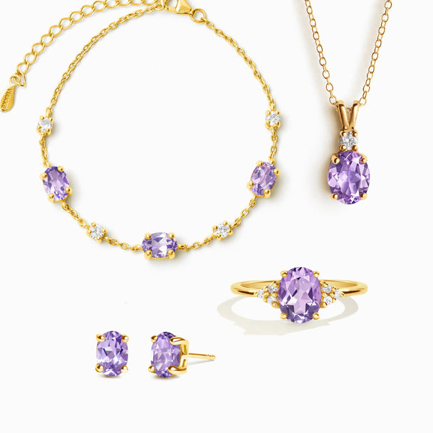 Complete Amethyst Jewellery Set | 18k Gold Vermeil | 4-Piece Set Necklace Ring Bracelet Earrings Vianne Jewellery