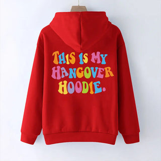 Red oversized women's hoodie with colorful "THIS IS MY HANGOVER HOODIE" back print and drop shoulder design