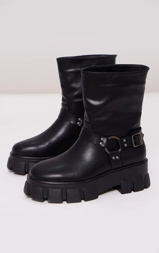 Black Buckle Strap Detail Chunky Cleated Sole Ankle Boots Kenike