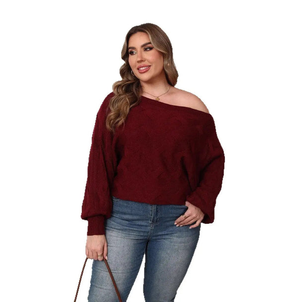 Plus size off-shoulder wine red batwing sleeve pullover with loose fit and casual style