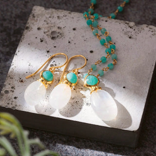Persephone Double Gemstone Earrings with moonstone and amazonite set in 22K gold on recycled brass with matching necklace