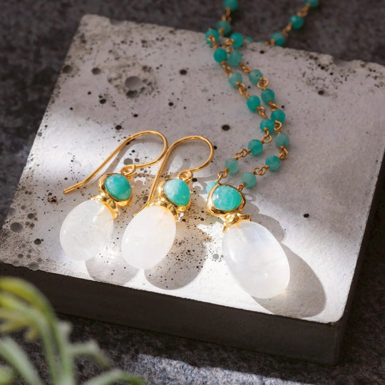 Persephone Double Gemstone Earrings with moonstone and amazonite set in 22K gold on recycled brass with matching necklace