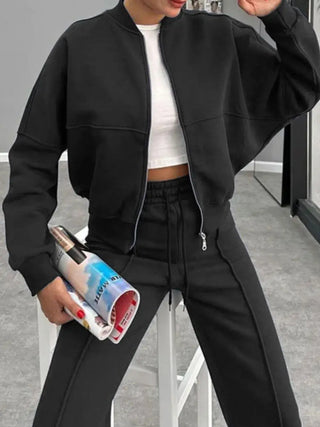 Black baseball collar zip up outerwear and drawstring pants set with thin fuzzy lining and slight stretch