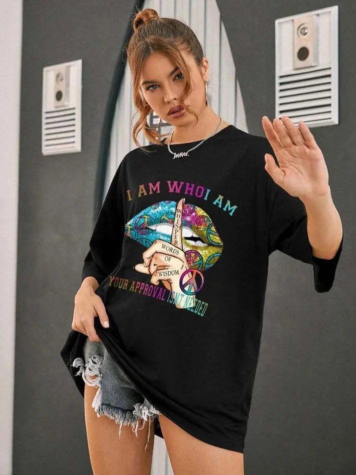 Ladies oversized Whisper Words Of Wisdom black cotton t-shirt with colorful graphic and short sleeves