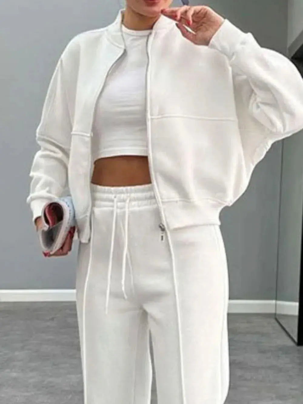 White baseball collar zip up outerwear and drawstring pants set for women with slight stretch and thin fuzzy lining