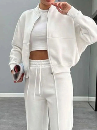 White baseball collar zip up outerwear and drawstring pants set for women with slight stretch and thin fuzzy lining