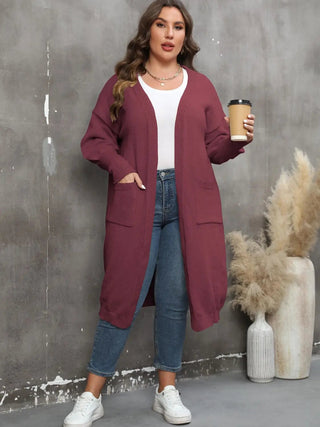 Plus size long sleeve ribbed cardigan with pockets in mauve worn with white top and jeans