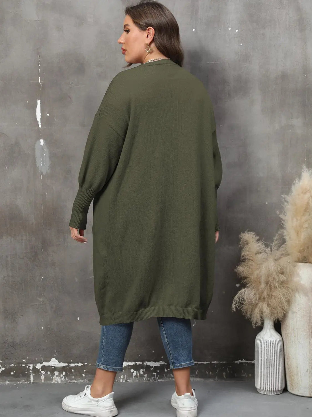 Plus size long sleeve solid olive green ribbed cardigan with pockets and open front detail