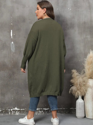 Plus size long sleeve solid olive green ribbed cardigan with pockets and open front detail