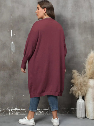 Plus size long sleeve pocketed ribbed cardigan in solid color with open front and tailored fit
