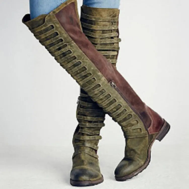 Frosted Color Matching Side Zipper Low Square Heel Women's Plus Size Boots Kenike
