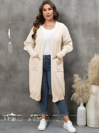 Plus size long sleeve pocketed cardigan in beige with ribbed texture and open front design