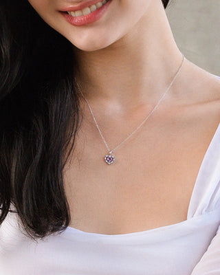 Purple heart lavender amethyst double heart pendant necklace in sterling silver worn by woman