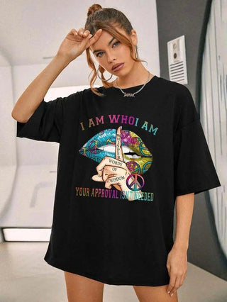 Ladies oversized black Whishper Words of Wisdom cotton T-shirt with colorful graphic print and short sleeves