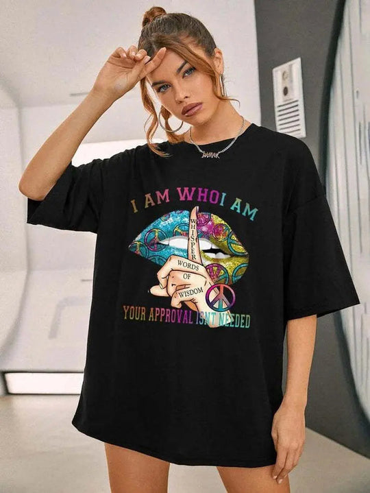 Ladies oversized black Whishper Words of Wisdom cotton T-shirt with colorful graphic print and short sleeves