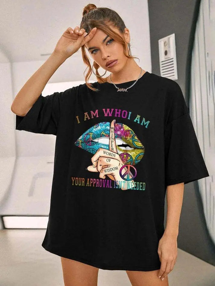 Ladies oversized Whisper Words of Wisdom black cotton T-shirt with colorful graphic and relaxed fit
