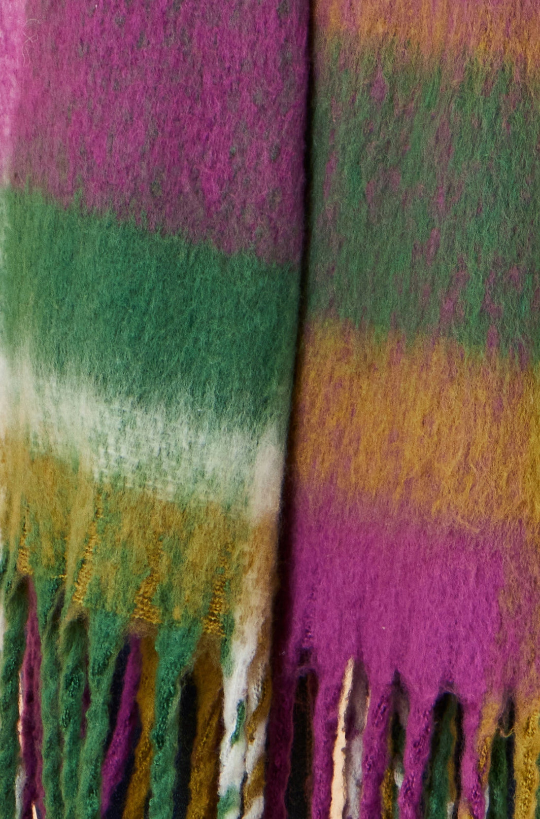 Yumi Green And Purple Check Soft Scarf with fringed edges and lightweight fabric