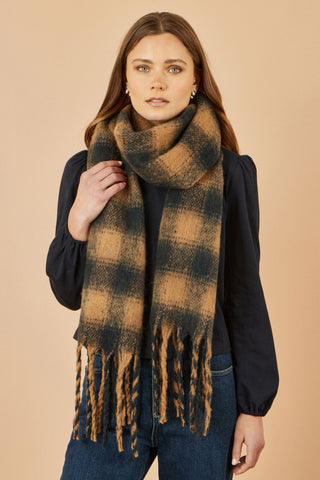 Yumi Brown Check Soft Scarf in soft lightweight fabric with fringe detailing, styled on woman