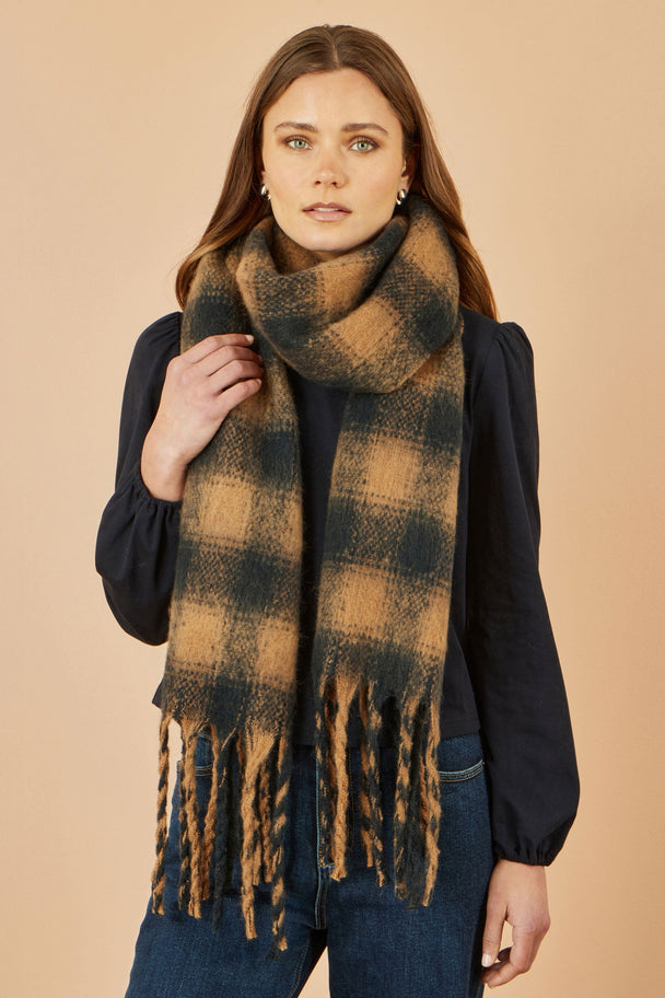 Yumi Brown Check Soft Scarf in soft lightweight fabric with fringe detailing, styled on woman