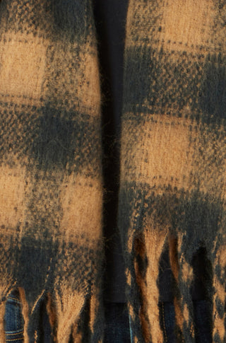 Close-up of Yumi Brown Check Soft Scarf with soft fabric and fringe ends