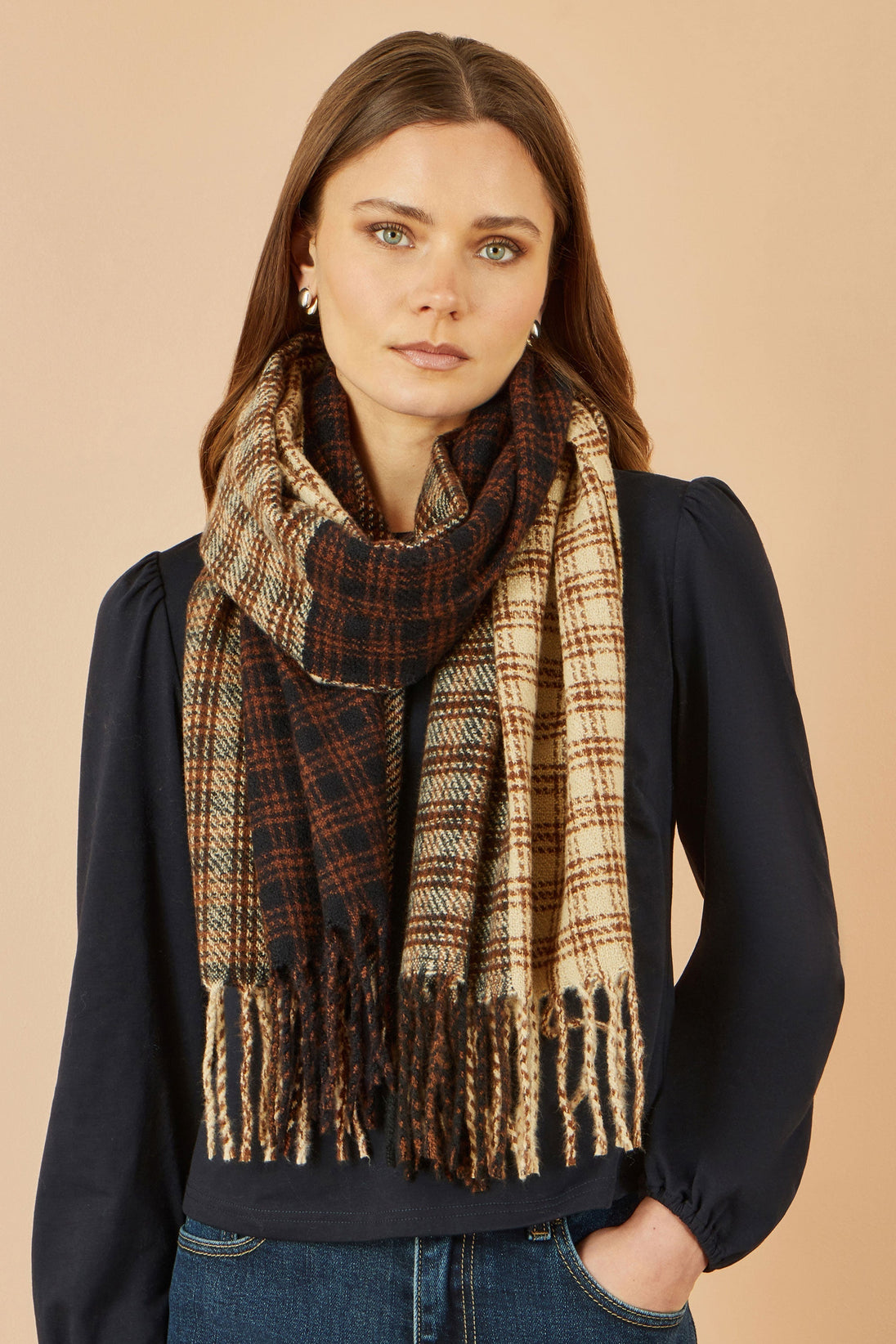 Brown Mixed Check Scarf Yumi